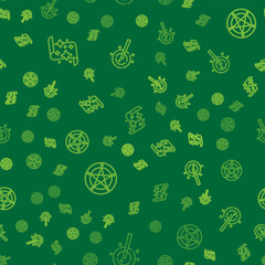Set line Magic scroll, Pentagram in circle and wand on seamless pattern. Vector