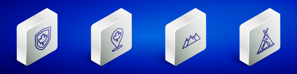 Set Isometric line Canada flag on shield, Canadian maple leaf, Mountains and Indian teepee or wigwam icon. Vector © Kostiantyn