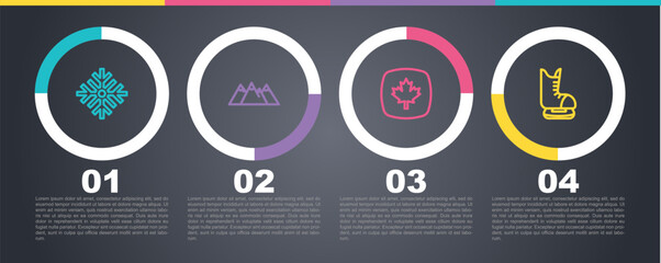 Set line Snowflake, Mountains, Canadian maple leaf and Skates. Business infographic template. Vector