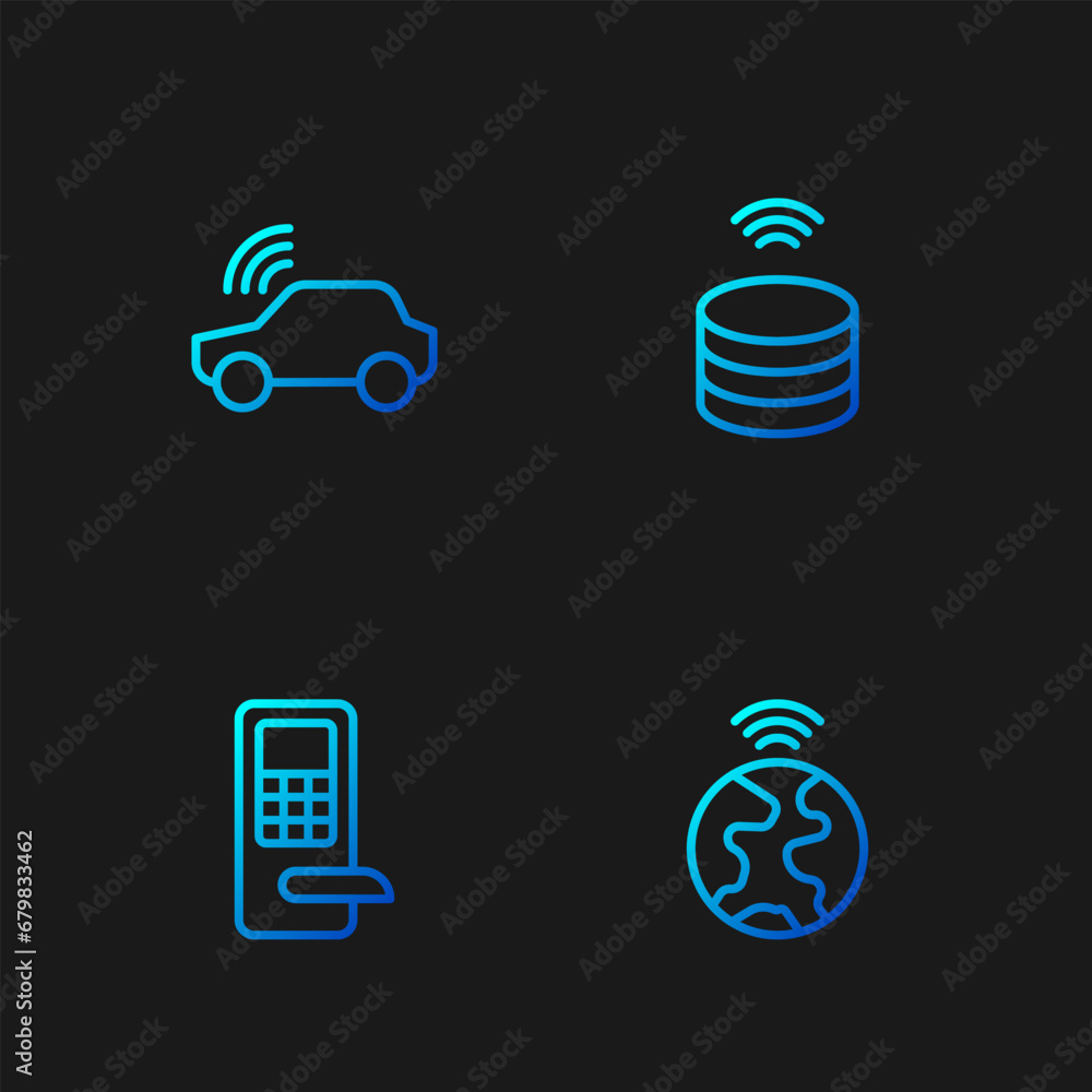 Poster set line global technology, digital door lock, smart car system and data server. gradient color icon