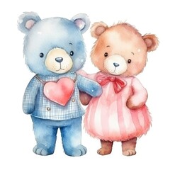 set Funny love bears valentines day of watercolors on white background