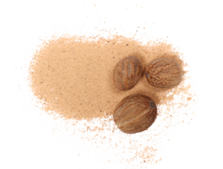 Milled nutmeg powder isolated on white, top view