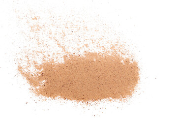 Milled nutmeg powder isolated on white background and texture, top view, clipping