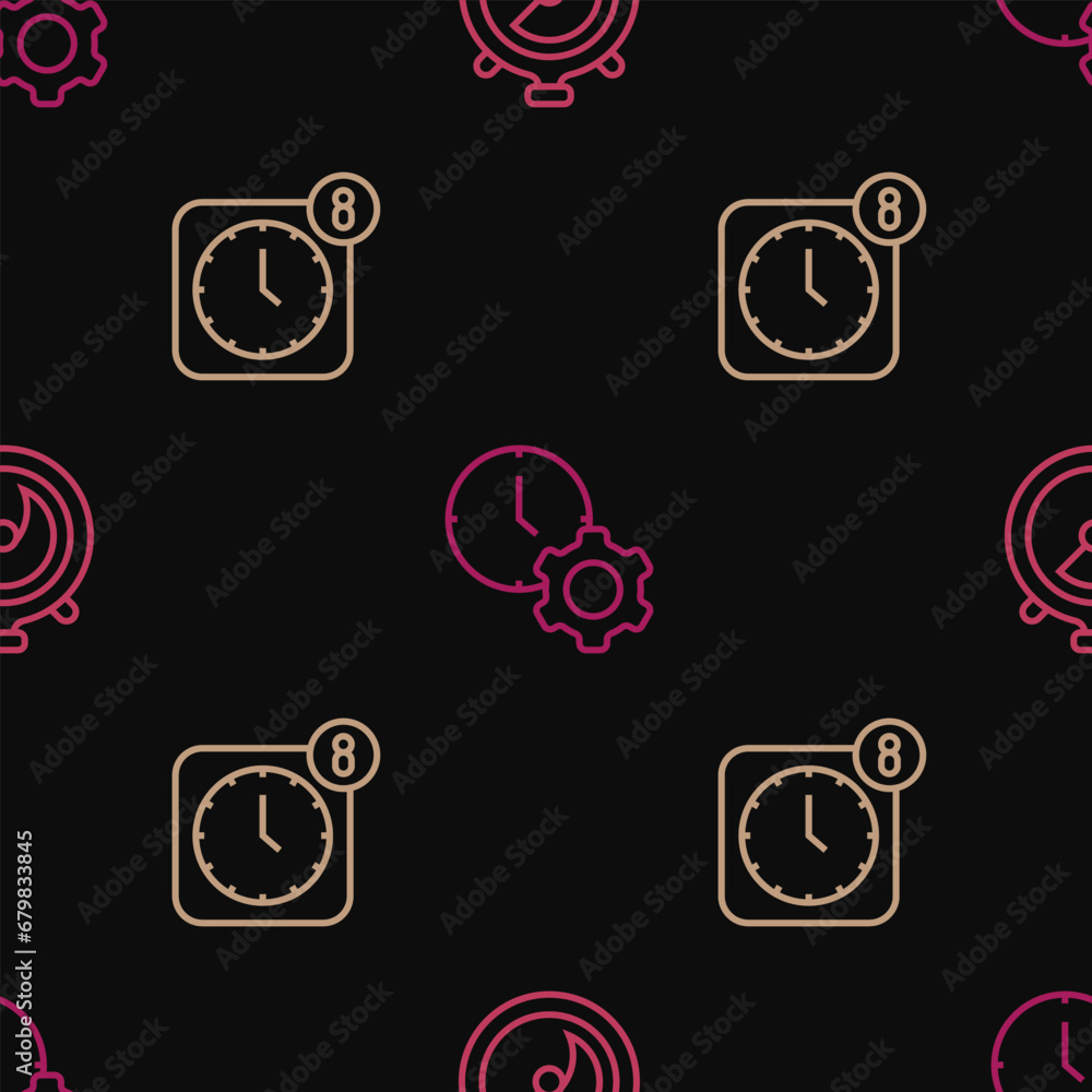 Poster set line stopwatch, alarm clock app mobile and time management on seamless pattern. vector