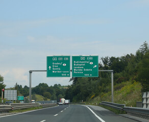 road signs on the motorways to reach Austrian cities or the border towards Budapest Hungary