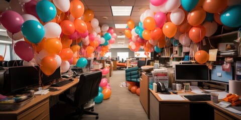 Open Space Office decorated with balloons.Business premises decorated with balloons and decorative ribbons for the New Year's Eve. Festive atmosphere in the office for Christmas.  - obrazy, fototapety, plakaty