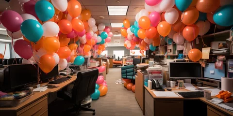 Rolgordijnen Open Space Office decorated with balloons.Business premises decorated with balloons and decorative ribbons for the New Year's Eve. Festive atmosphere in the office for Christmas.  © Margo_Alexa