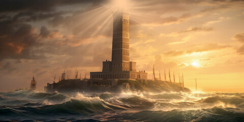 The Lighthouse of Alexandria, tower built in the 3rd century BC. C. during the Ptolemaic dynasty. Generative AI.