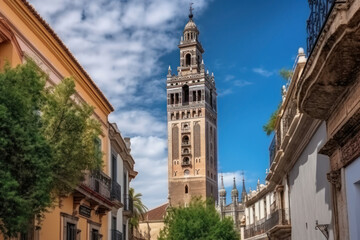 Fototapeta na wymiar Giralda is the bell tower of the Cathedral of Santa Maria in the city of Seville, Spain. Generative AI.