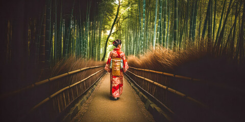 Japanese Geisha, walking through a bamboo forest. Generative AI.