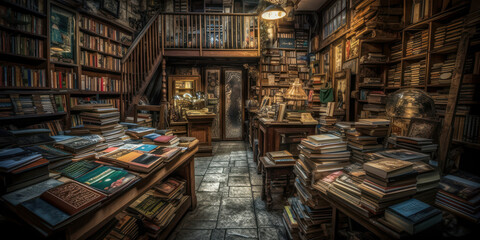 Old book store. Library with mountains of books. Generative AI.
