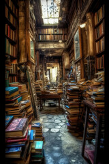 Fototapeta premium Old book store. Library with mountains of books. Generative AI.