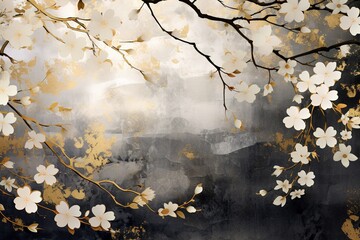 Cherry blossoms oil painting over gray background