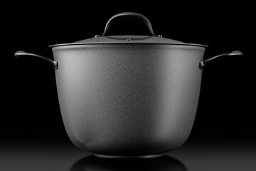 Stainless steel cooker with lid and chrome cookware on black background