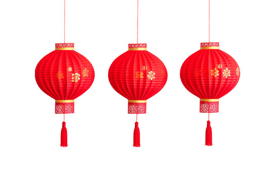 Three red paper lanterns on isolated transparent background