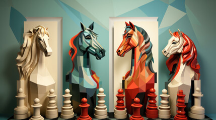 Horses and chess pieces on the wall illustration.