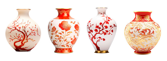 Chinese vases in white, red and gold tones representing Chinese culture. White transparent background