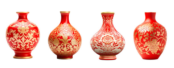 Four set of traditional Chinese vase in gold and red colors on isolated transparent background - obrazy, fototapety, plakaty