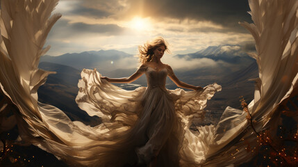 Illustration of a beautiful woman in a white wedding dress like angel wings on the background of the mountains. - obrazy, fototapety, plakaty