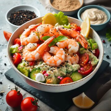 A close up of a bowl of food on a table, detailed image, recipe, fan favorite, prawn