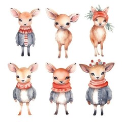 set Funny cute Christmas deer of watercolors on white background