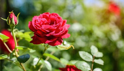 Red roses bloom in the summer in the country garden