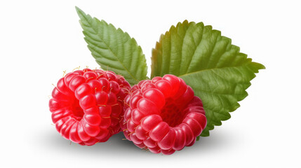 Raspberry isolated. Raspberries with leaf isolate. Raspberry with leaf isolated on white. Side view...