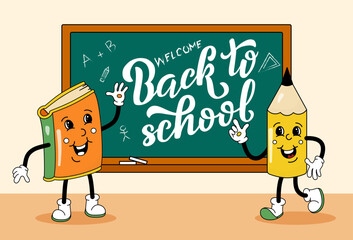 Comic flat yellow Pencil and orange Book with face at school blackboard. Vector cartoon stationery illustration with Back To School lettering. Image of school supply characters for poster or banner