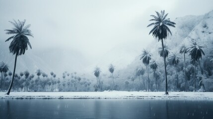 A snowy landscape with palm trees and a lake, AI