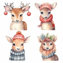 set Funny cute Christmas deer of watercolors on white background