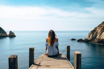 young woman sitting looking at the sea from behind