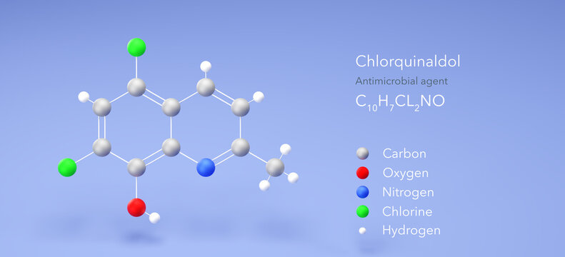 chlorquinaldol molecule, molecular structures, intestinal antiseptic, 3d model, Structural Chemical Formula and Atoms with Color Coding