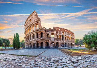 Detailed view of famous Coliseum, bright colors of Rome, Italy