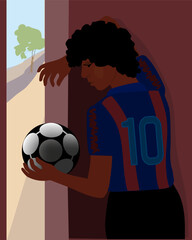 a dark-skinned boy with a ball. a football fan. sportsman. drawing in color by hand. colorful children's poster.