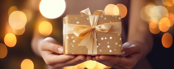 Giving christmas gift to hands of close loved people,  bokeh panorama banner. Generative Ai