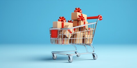 3D Shopping Cart Laden with Packages Stands Boldly Against a Light Blue Background, Symbolizing the Effortless Experience of Online Shopping