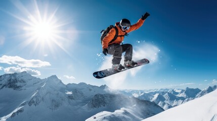 Naklejka na ściany i meble Snowboarder launching off a jump