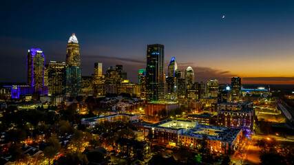 Fototapeta na wymiar Night Aerial View Of The Queen City, Charlotte North Carolina