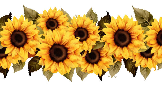 Watercolor Hand-painted Sunflower Seamless Border On A Transparent Or White Background, Png