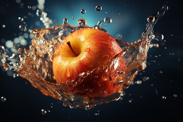 Pomme volant dans un jet d'eau, photo de publicité, apple flying in a stream of water, advertising photo - obrazy, fototapety, plakaty