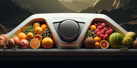 Assortment of different fruits and berries in a futuristic fridge. - obrazy, fototapety, plakaty