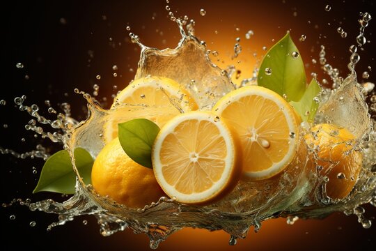Citrons volant dans un jet d'eau, photo de publicité, lemons flying in a stream of water, advertising photo