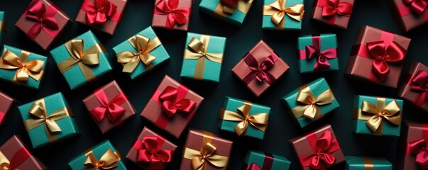 Perfect christmas presents banner with colorful gifts, bokeh panorama. Generative Ai