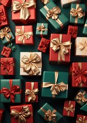 Perfect christmas presents, top view of colorful gifts.  Generative Ai