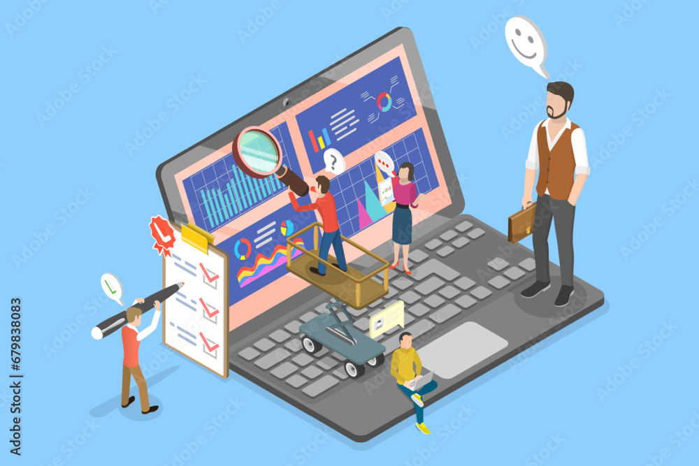 Poster 3d isometric flat vector illustration of kpi data report dashboard, metrics analysis