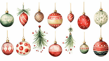set of christmas ornaments decoration in watercolor style