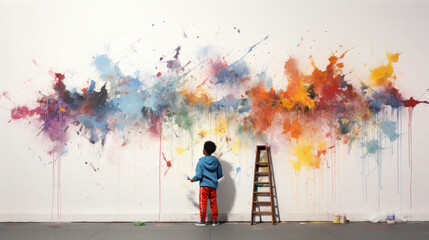 Photo of a teenager creating a vibrant graffiti mural on an urban wall, showcasing their artistic...