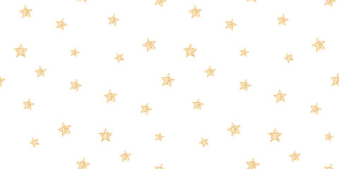 Golden glitter stars seamless texture, simple vector yellow confetti on white background. Festive sparkling minimalist modern texture - 679838894