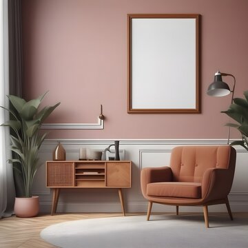 Poster frame mockup in home interior with old retro furniture, 3d render

