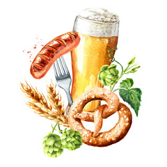 Beer  with  Bavarian pretzel and sausages, Octoberfest concept. Hand drawn watercolor illustration isolated on white background